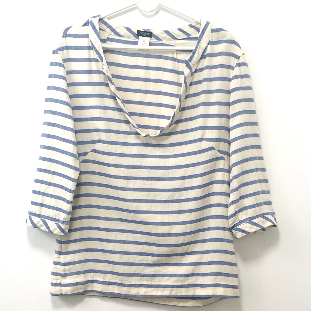J. Crew top, 100% cotton, off white with blue stripes, deep neckline, size XS.